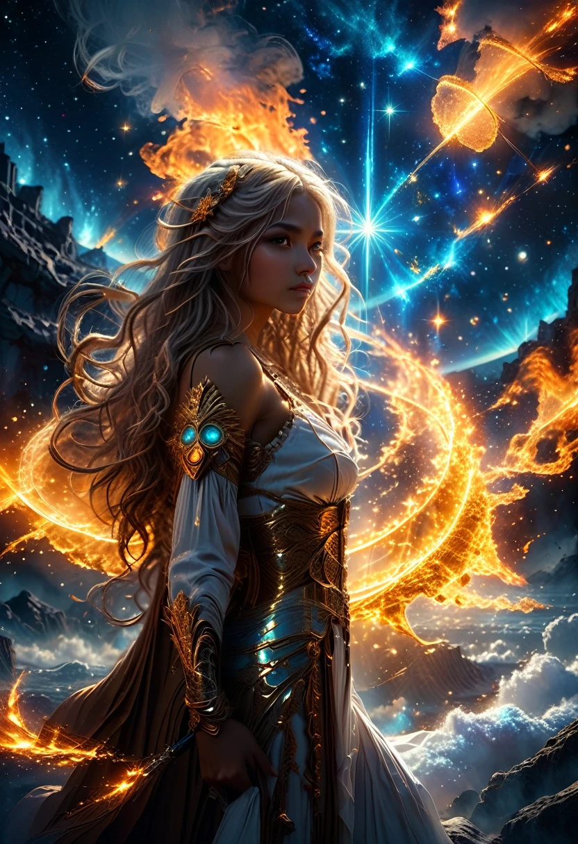In a celestial dreamland landscape, people dressed luxuous, differents faces, they are all brown skin, (((in 40's))) (((two brown skin men and two brown skin whitehair:1.7 woman))), (((two young brown skin long brown hair prine:1.3))), (((one brown skin whitehair1.5 woman))) and (((one white hair woman1.3))) trying to kill him with powers, dangerous scene, war, battle, luminuous stars, chaos, fire, destrctions, 8K, extremely detailed, high quality, (photorealistic:1.37), Full body, vibrant colors, perfect lighting, soulful expressions, celestial aura, majestic presence, dreamlike atmosphere, 8 k artistic photography, photorealistic concept art, soft natural volumetric cinematic perfect