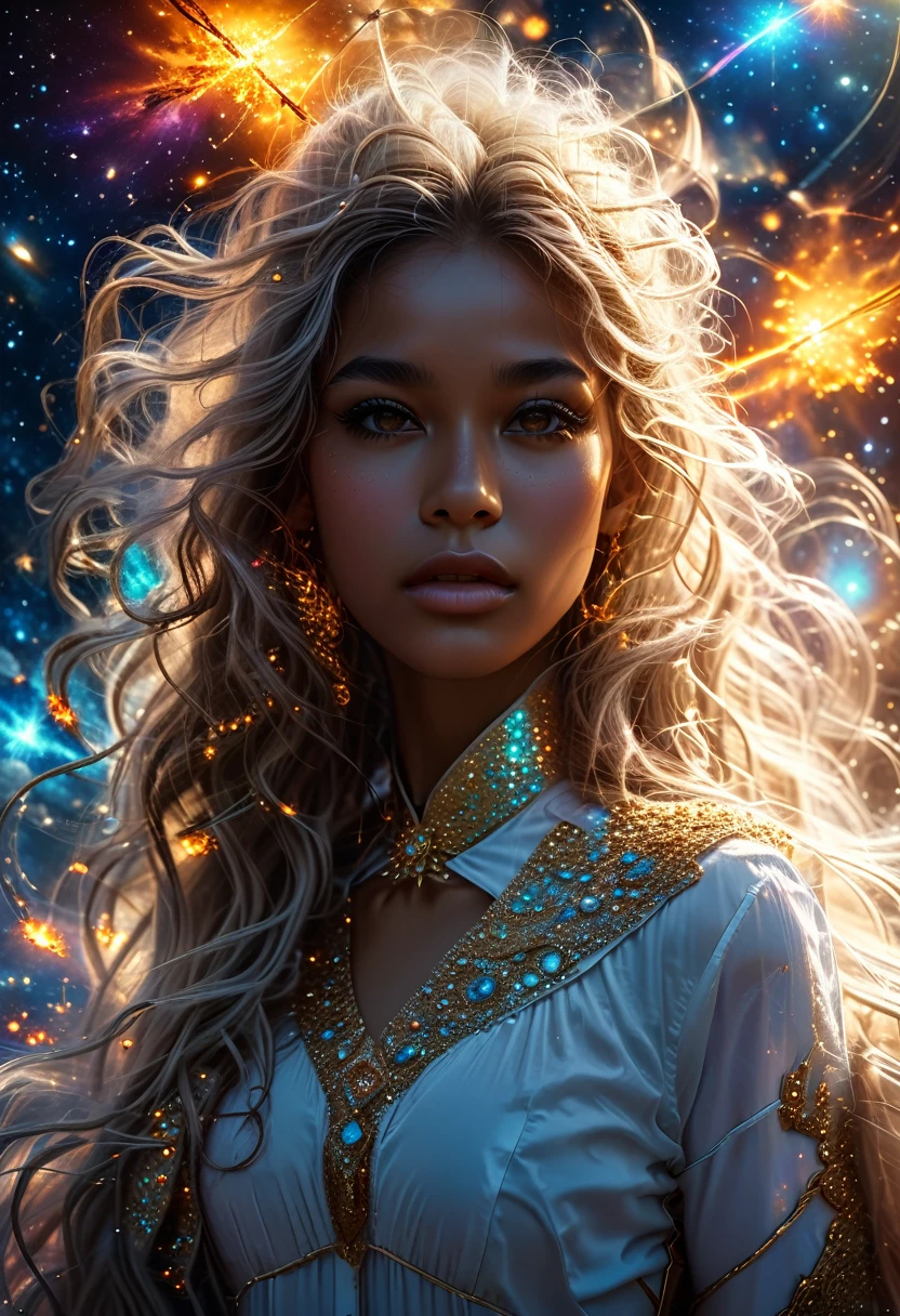 In a celestial dreamland landscape, people dressed luxuous, differents faces, they are all brown skin, (((in 40's))) (((two brown skin men and two brown skin whitehair:1.7 woman))), (((two young brown skin long brown hair prine:1.3))), (((one brown skin whitehair1.5 woman))) and (((one white hair woman1.3))) trying to kill him with powers, dangerous scene, war, battle, luminuous stars, chaos, fire, destrctions, 8K, extremely detailed, high quality, (photorealistic:1.37), Full body, vibrant colors, perfect lighting, soulful expressions, celestial aura, majestic presence, dreamlike atmosphere, 8 k artistic photography, photorealistic concept art, soft natural volumetric cinematic perfect 
