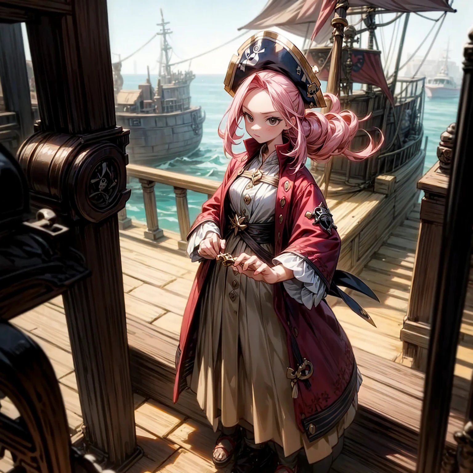 masterpiece, Best quality, 1 girl,photo, Studio photography, realistic:1.2, Littlemasterpiece, Best quality, very detailed, a high resolution, a high resolution, a high resolution, 4K, 8 K, unity 8k wallpaper, very detailed CG, masterpiece, realistic, beautiful details, depth, fine texture, Best quality: 1.3, aboutбщая концентрация, perfect skin, Him, aboutчень милое аниме, female pirate, Pirate Costume, Pirate Ship, whole body, Mole under the eye, look, high, blush, lips parted, his art, Pink eyes, necklace、Wide buttocks、Эффект Тиндаллаmasuter piece、top quality、Highest standards、Highest image quality、Table、complex parts、a high resolution、depth of field、natural soft light、professional lighting、about, standing, very long hair, cowboy shot, brilliant, brilliant hair, (night:1.2),Dreamy, [[gentle fingers and hands:0.55]::0.85],(detailed fingers),),(emotional),(breathtaking),(main part:1.2) whole body.), (Anime Style), (Super Detailed), (brutal), (uhd, HDR), (8k), (High Resolution: 1.2), (Complex and Beautiful: 1.2)