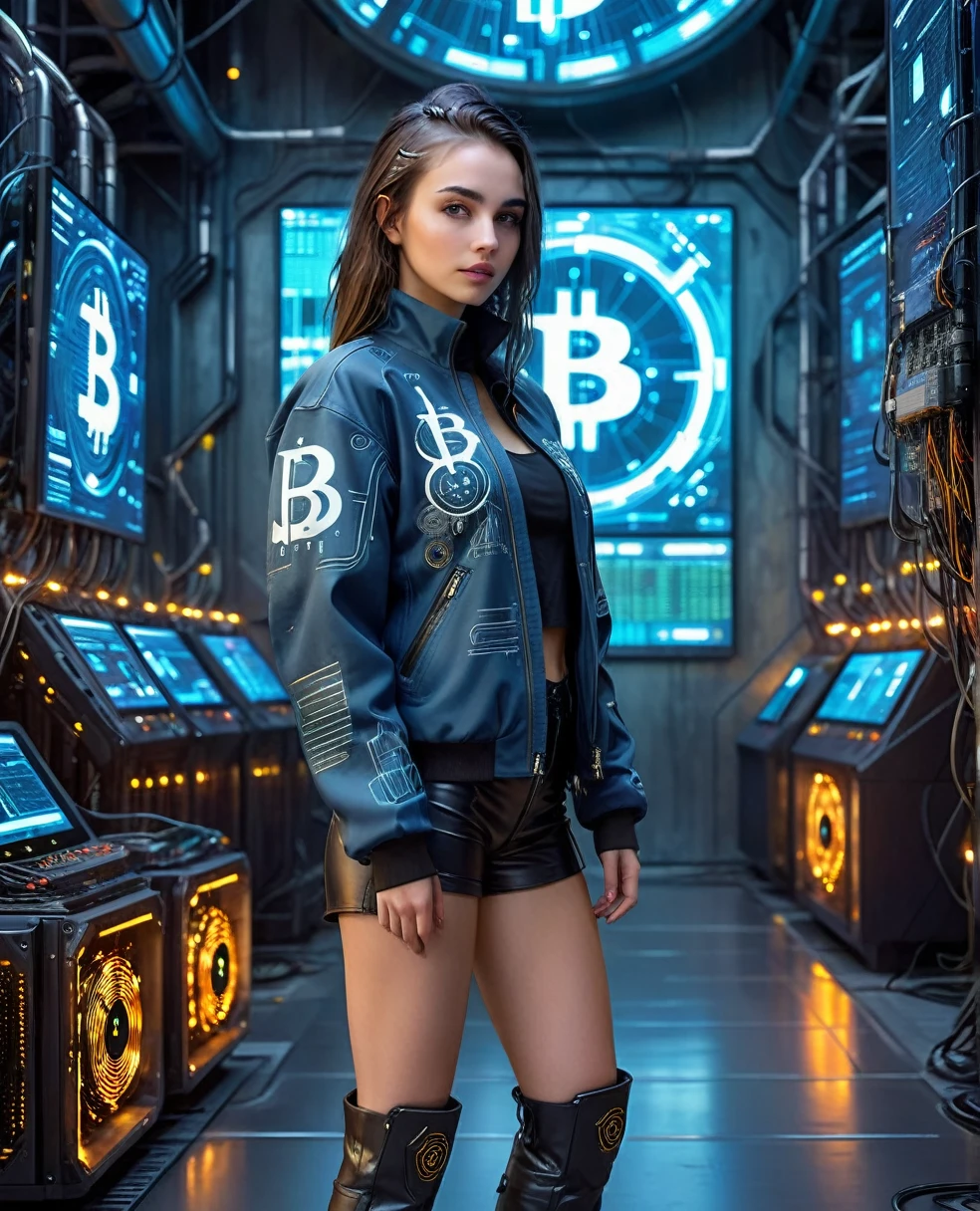 A pretty girl in cyberpunk jacket in a futuristic financial trading hall with high-tech miners mining Bitcoin, the Bitcoin symbol in a technological and electronic scenario, cyberpunk and futuristic, Science fiction, hightech, photo realist, best qualityer