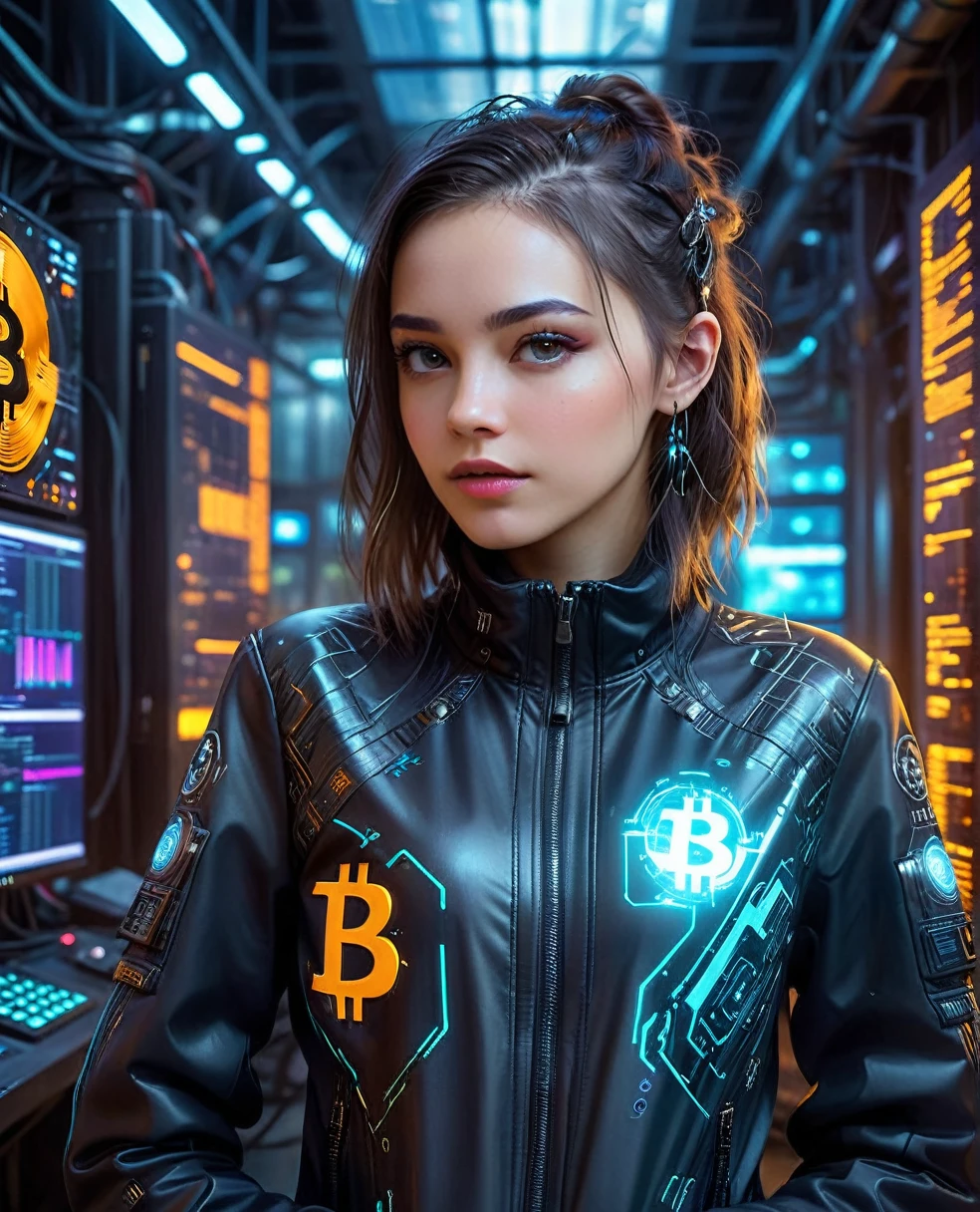 A pretty girl in cyberpunk jacket in a futuristic financial trading hall with high-tech miners mining Bitcoin, the Bitcoin symbol in a technological and electronic scenario, cyberpunk and futuristic, Science fiction, hightech, photo realist, best qualityer