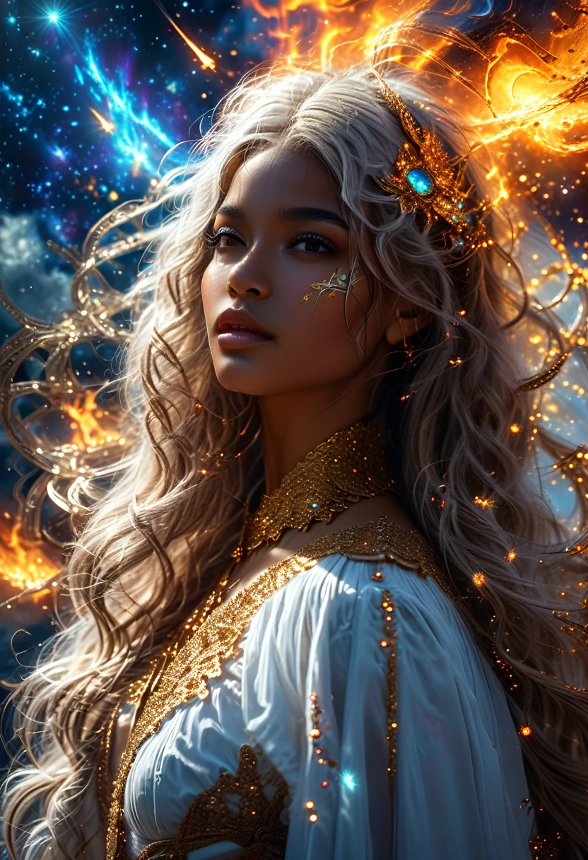 In a celestial dreamland landscape, people dressed luxuous, differents faces, they are all brown skin, (((in 40's))) (((two brown skin men and two brown skin whitehair:1.7 woman))), (((two young brown skin long brown hair prine:1.3))), (((one brown skin whitehair1.5 woman))) and (((one white hair woman1.3))) trying to kill him with powers, dangerous scene, war, battle, luminuous stars, chaos, fire, destrctions, 8K, extremely detailed, high quality, (photorealistic:1.37), Full body, vibrant colors, perfect lighting, soulful expressions, celestial aura, majestic presence, dreamlike atmosphere, 8 k artistic photography, photorealistic concept art, soft natural volumetric cinematic perfect