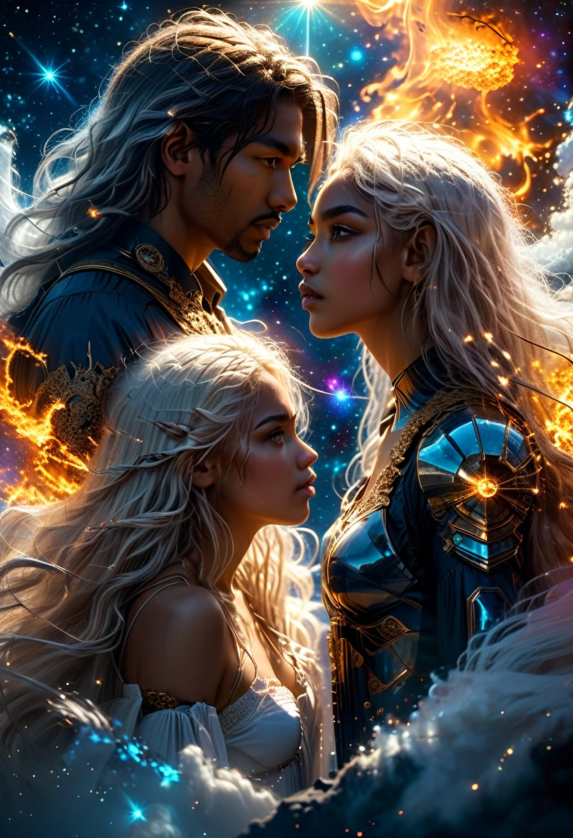 In a celestial dreamland landscape, people dressed luxuous, differents faces, they are all brown skin, (((in 40's))) (((two brown skin men and two brown skin whitehair:1.7 woman))), (((two young brown skin long brown hair prine:1.3))), (((one brown skin whitehair1.5 woman))) and (((one white hair woman1.3))) trying to kill him with powers, dangerous scene, war, battle, luminuous stars, chaos, fire, destrctions, 8K, extremely detailed, high quality, (photorealistic:1.37), Full body, vibrant colors, perfect lighting, soulful expressions, celestial aura, majestic presence, dreamlike atmosphere, 8 k artistic photography, photorealistic concept art, soft natural volumetric cinematic perfect