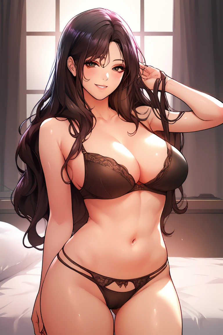 score_9, score_8_up, score_7_up, score_6_up, score_5_up, score_4_up, yu hee, brown eyes, black hair, long hair, large breasts, black bra and panties, bedroom , smile , cowboy pose 