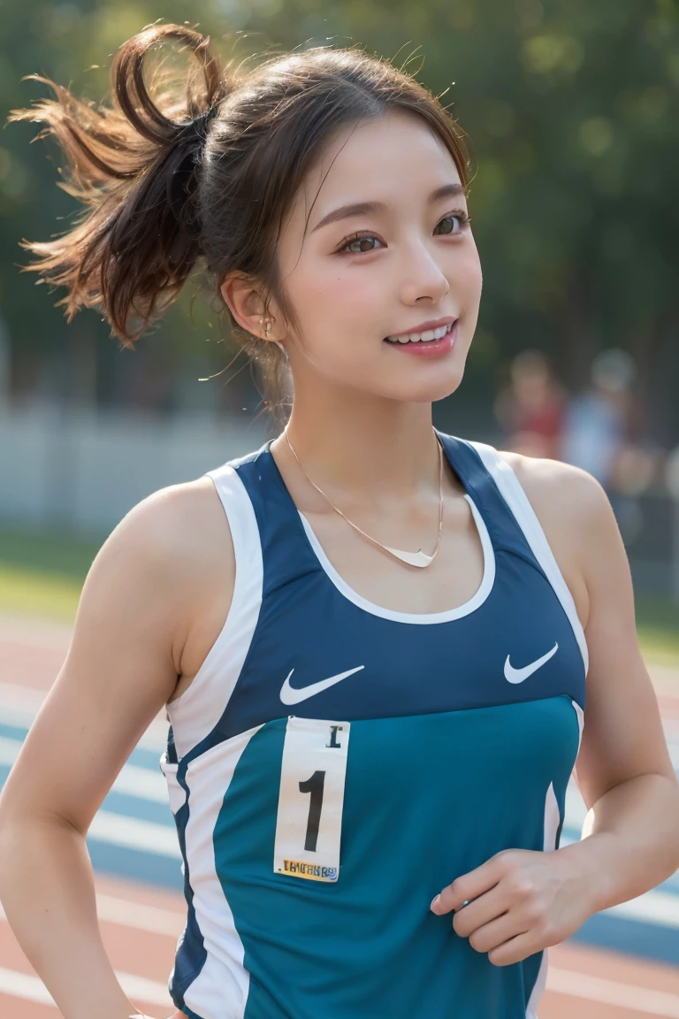 Track and field athlete, Highest quality, shape, Very detailed, In detail, High resolution, 8k wallpaper, Perfect dynamic composition, Beautiful details, Natural Lip, Athletes' uniforms, Big Breasts,Panty shot,, She is smiling and making a cute pose ..., A masterpiece of the whole body, Angle from below