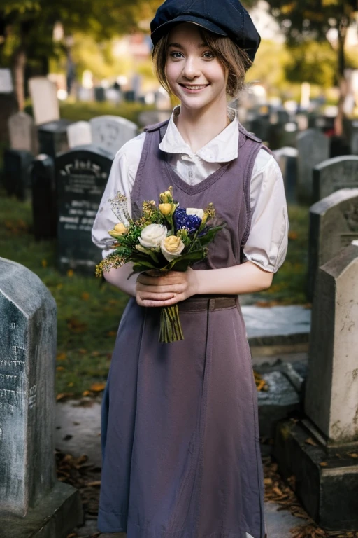 Young beautiful girl, Emma Myers, American, SOFT SMILING FACE, HAVE A BROWN HAIR, wears a old work cap, wears old-fashioned clothes, 19th century, poverty-stricken clothes, old torn clothes, 19th century period clothing, holding a bouquet, standing before her grandparents' tombstones, cemetery background, dark cities background, night time, midnight background.