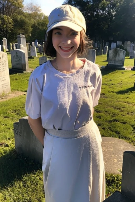 Young beautiful girl, Emma Myers, American, SOFT SMILING FACE, HAVE A BROWN HAIR, wears a old work cap, wears old-fashioned clothes, 19th century, poverty-stricken clothes, old torn clothes, 19th century period clothing, holding a bouquet, standing before her grandparents' tombstones, cemetery background, dark cities background, night time, midnight background.