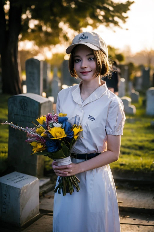 Young beautiful girl, Emma Myers, American, SOFT SMILING FACE, HAVE A BROWN HAIR, wears a old work cap, wears old-fashioned clothes, 19th century, poverty-stricken clothes, old torn clothes, 19th century period clothing, holding a bouquet, standing before her grandparents' tombstones, cemetery background, dark cities background, night time, midnight background.