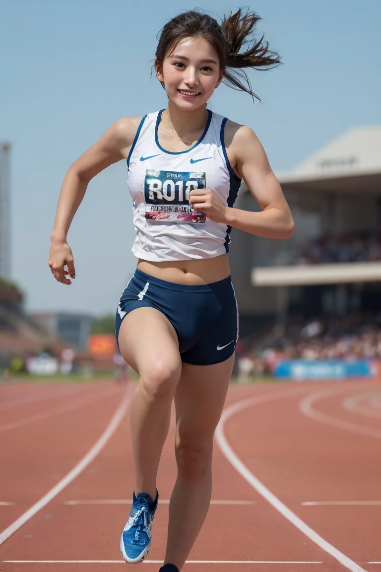 Track and field athlete, Highest quality, shape, Very detailed, In detail, High resolution, 8k wallpaper, Perfect dynamic composition, Beautiful details,  Natural Lip, Athletes&#39; uniforms, Big Breasts,Panty shot，, She is smiling and making a cute pose ..., A masterpiece of the whole body, Angle from below