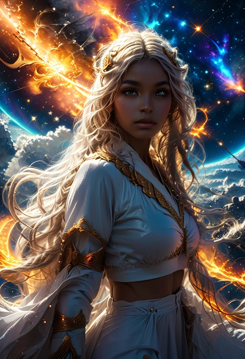 In a celestial dreamland landscape, people dressed luxuous, differents faces, they are all brown skin, (((in 40's))) (((two brown skin men and two brown skin whitehair:1.7 woman))), (((two young brown skin long brown hair prine:1.3))), (((one brown skin whitehair1.5 woman))) and (((one white hair woman1.3))) trying to kill him with powers, dangerous scene, war, battle, luminuous stars, chaos, fire, destrctions, 8K, extremely detailed, high quality, (photorealistic:1.37), Full body, vibrant colors, perfect lighting, soulful expressions, celestial aura, majestic presence, dreamlike atmosphere, 8 k artistic photography, photorealistic concept art, soft natural volumetric cinematic perfect