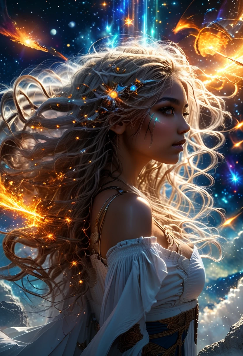In a celestial dreamland landscape, people dressed luxuous, differents faces, they are all brown skin, (((in 40's))) (((two brown skin men and two brown skin whitehair:1.7 woman))), (((two young brown skin long brown hair prine:1.3))), (((one brown skin whitehair1.5 woman))) and (((one white hair woman1.3))) trying to kill him with powers, dangerous scene, war, battle, luminuous stars, chaos, fire, destrctions, 8K, extremely detailed, high quality, (photorealistic:1.37), Full body, vibrant colors, perfect lighting, soulful expressions, celestial aura, majestic presence, dreamlike atmosphere, 8 k artistic photography, photorealistic concept art, soft natural volumetric cinematic perfect
