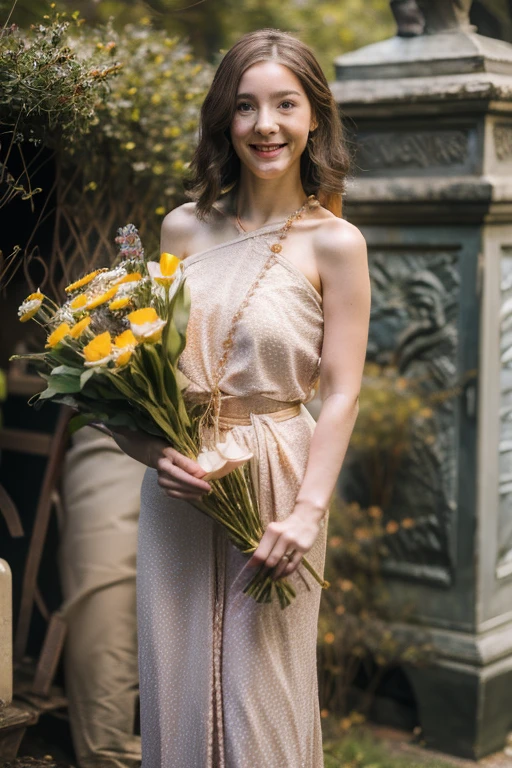 Young beautiful girl, Emma Myers, American, SOFT SMILING FACE, HAVE A BROWN HAIR, wears a old work cap, wears old-fashioned clothes, 19th century, poverty-stricken clothes, old torn clothes, 19th century period clothing, holding a bouquet, standing before her grandparents' tombstones, cemetery background, dark cities background, night time, midnight background.