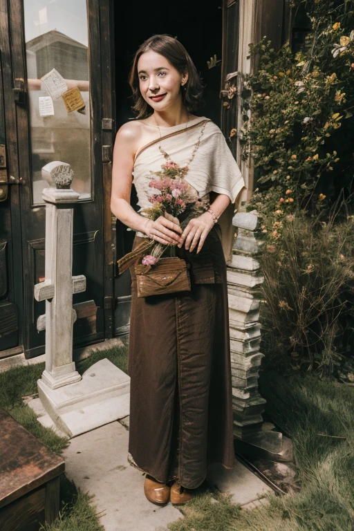 Young beautiful girl, Emma Myers, American, SOFT SMILING FACE, HAVE A BROWN HAIR, wears a old work cap, wears old-fashioned clothes, 19th century, poverty-stricken clothes, old torn clothes, 19th century period clothing, holding a bouquet, standing before her grandparents' tombstones, cemetery background, dark cities background, night time, midnight background.