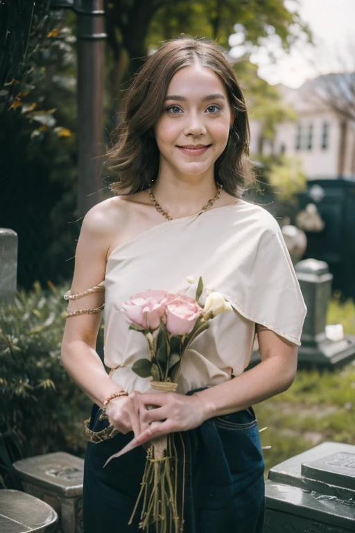Young beautiful girl, Emma Myers, American, SOFT SMILING FACE, HAVE A BROWN HAIR, wears a old work cap, wears old-fashioned clothes, 19th century, poverty-stricken clothes, old torn clothes, 19th century period clothing, holding a bouquet, standing before her grandparents' tombstones, cemetery background, dark cities background, night time, midnight background.