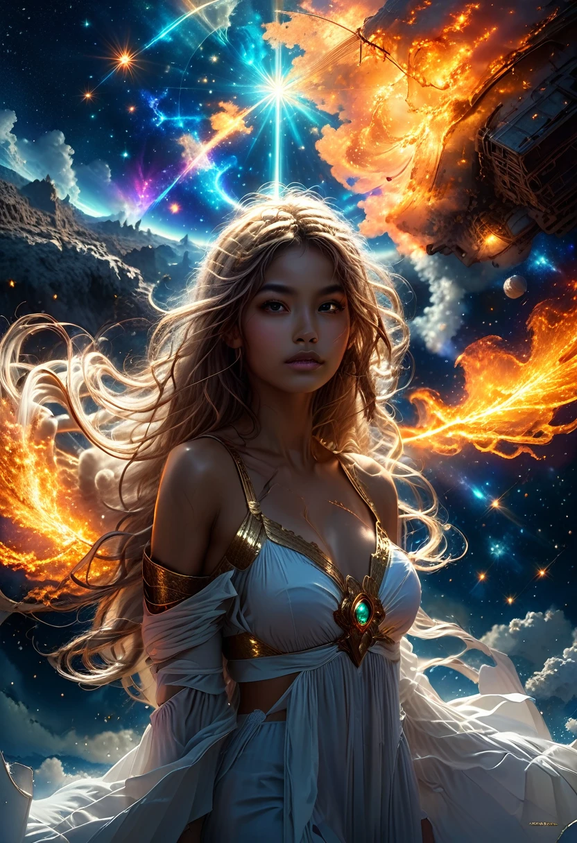In a celestial dreamland landscape, people dressed luxuous, differents faces, they are all brown skin, (((in 40's))) (((two brown skin men and two brown skin whitehair:1.7 woman))), (((two young brown skin long brown hair prine:1.3))), (((one brown skin whitehair1.5 woman))) and (((one white hair woman1.3))) trying to kill him with powers, dangerous scene, war, battle, luminuous stars, chaos, fire, destrctions, 8K, extremely detailed, high quality, (photorealistic:1.37), Full body, vibrant colors, perfect lighting, soulful expressions, celestial aura, majestic presence, dreamlike atmosphere, 8 k artistic photography, photorealistic concept art, soft natural volumetric cinematic perfect 
