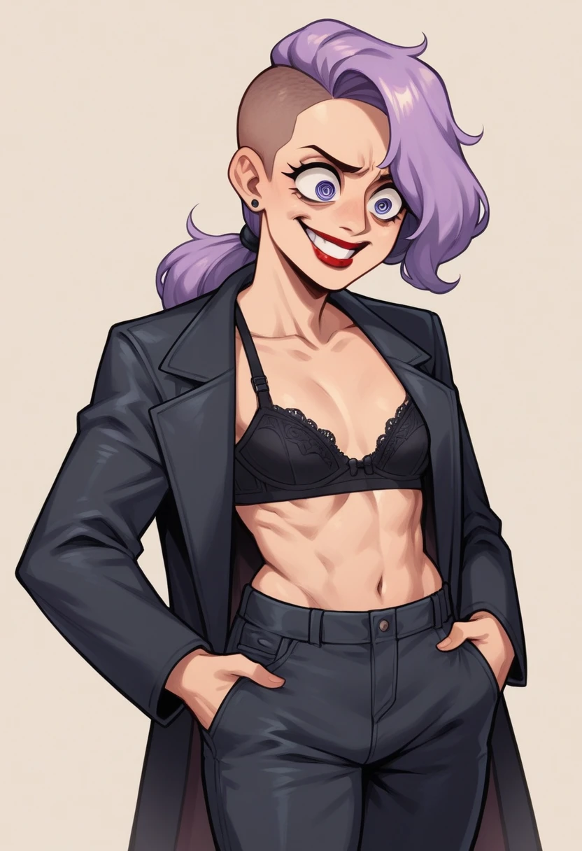 beautyful woman, lilac hair, red lipstick, sidecut hair, long hair, long ponytail hair, black bra, black jacket, black pants,, milf, mature, slender body, small breasts, mature face, teeth grinding, distressed, quarrel, hurry, googly eyes, talking