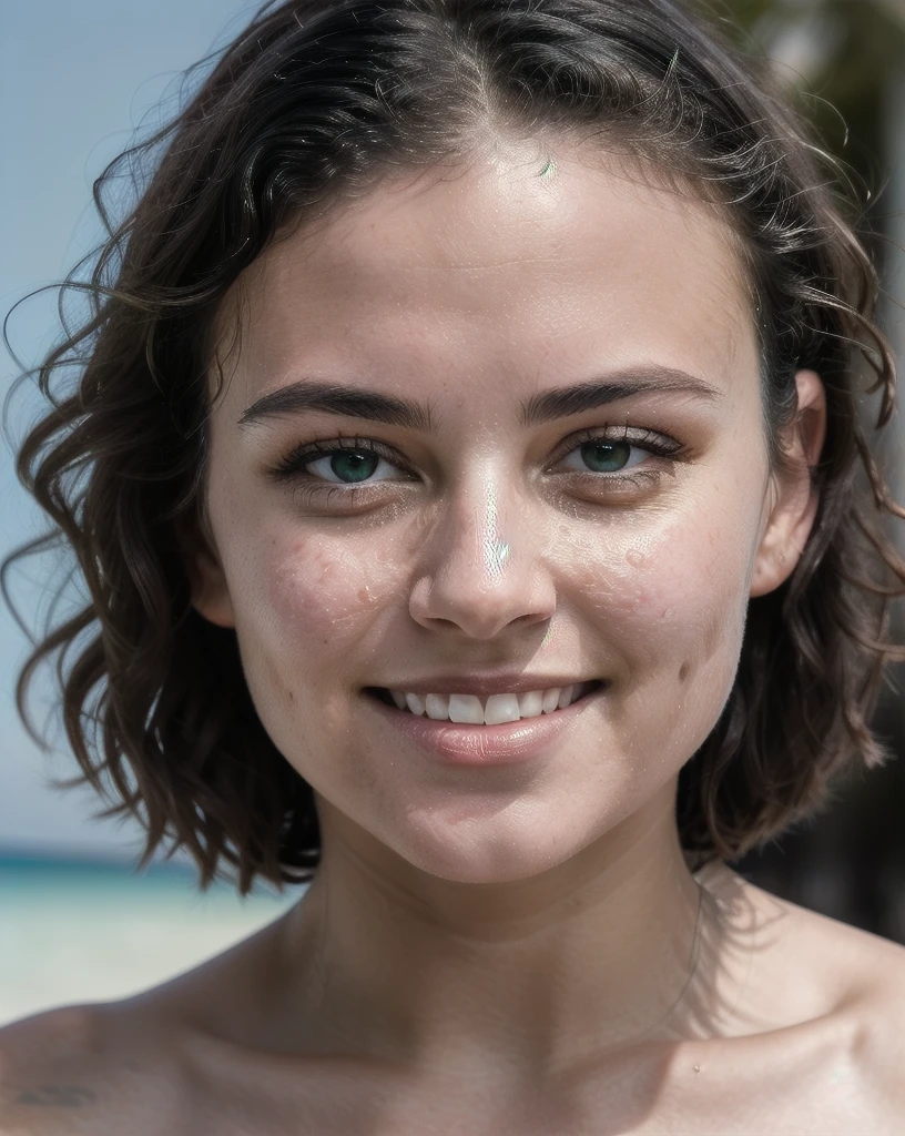 professional, (4K photo:1,1), (Focus:1,3), high detail, Beautiful young girl from southern Italy, 20 years old, black hair, light green eyes, beautiful, well-detailed face, slim and slightly athletic body, beautiful smile, at the beach, nude in topless, arms raised, with hands behind head, beautifull armpit, close up, jewelry, seductive look on cam, full sunlight on her forehead, skin shiny with sweat,