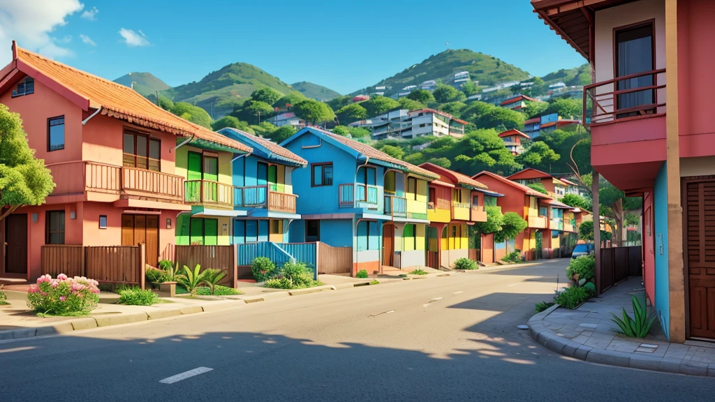 A vibrant image of a favela with colorful houses and authentic details. Add flowers of different colors and species along the streets and on the balconies of houses. Include leafy trees that stand out among buildings, bringing a touch of nature to the urban environment. The setting should showcase the beauty and resilience of the community, with vegetation adding life and color to the space. No cars on the street.