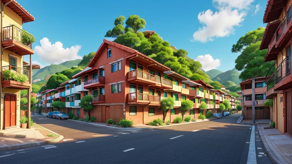 A vibrant image of a favela with colorful houses and authentic details. Add flowers of different colors and species along the streets and on the balconies of houses. Include leafy trees that stand out among buildings, bringing a touch of nature to the urban environment. The setting should showcase the beauty and resilience of the community, with vegetation adding life and color to the space. No cars on the street.