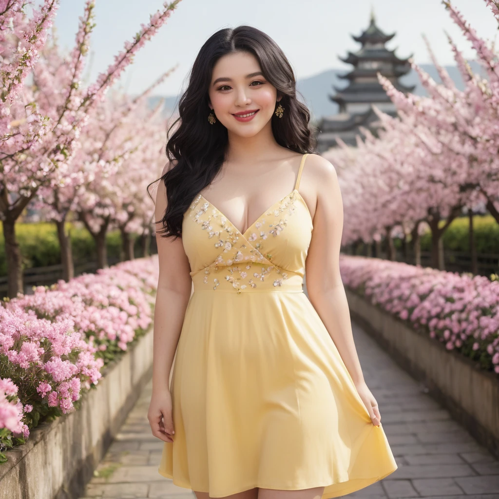black hair, length below the shoulders,  with curls, girl, marked clavicle, chubby girl, Brown eyes, cachetona, splash nose,almond eyes, long eyelashes, thick fleshy and pink lips, big breasts, yellow dress with white flowers and a tender smile
