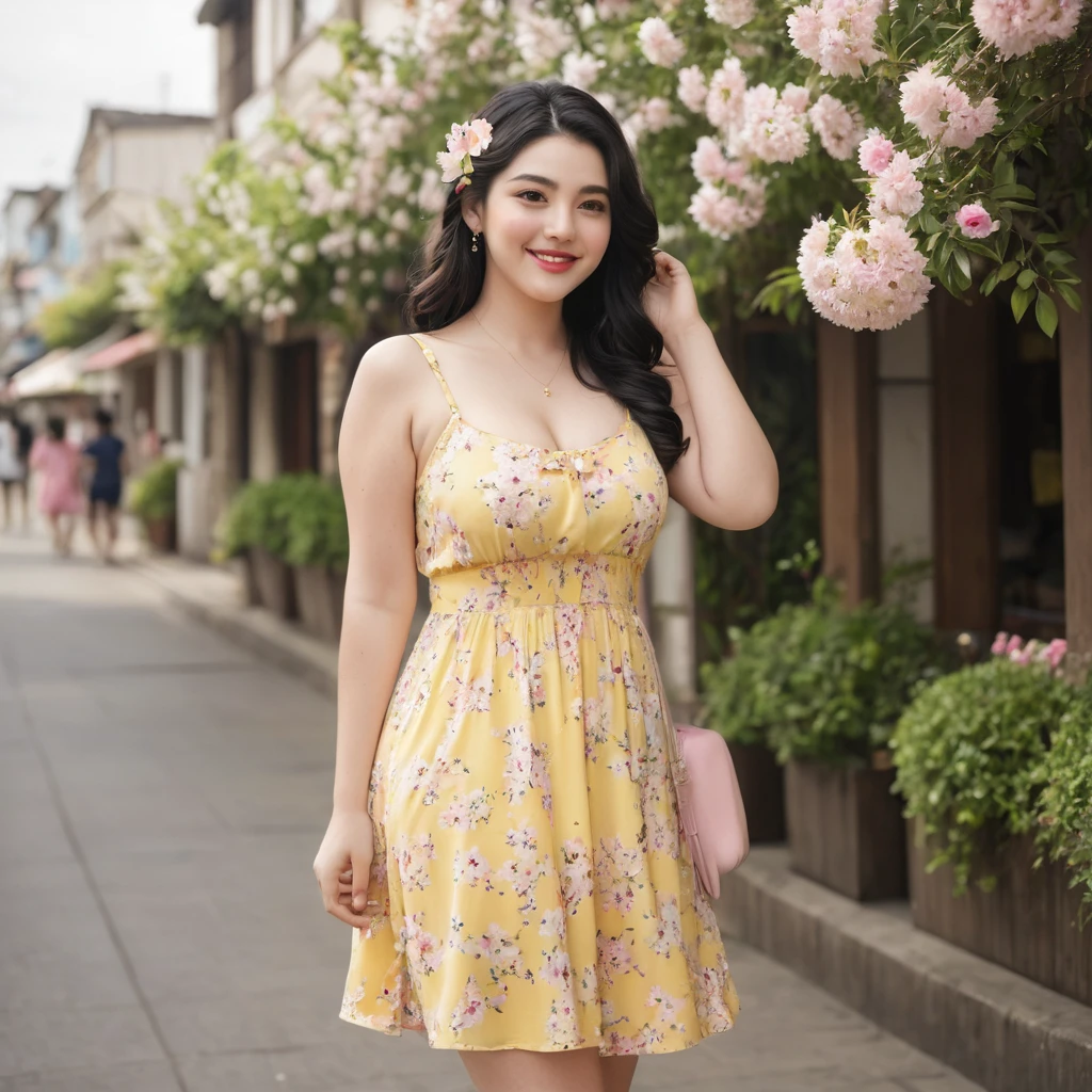 black hair, length below the shoulders,  with curls, girl, marked clavicle, chubby girl, Brown eyes, cachetona, splash nose,almond eyes, long eyelashes, thick fleshy and pink lips, big breasts, yellow dress with white flowers and a tender smile
