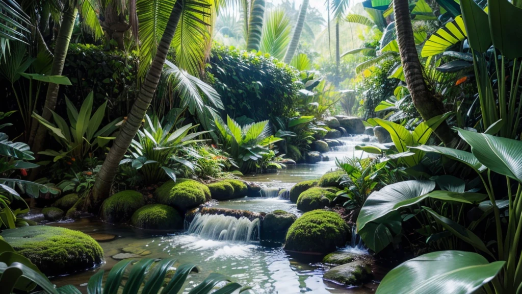 Ultra-detailed tropical forest with a small stream in the center.