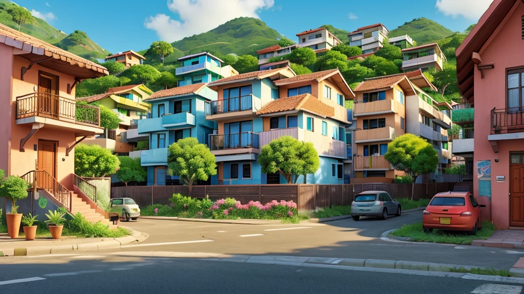 A vibrant image of a favela with colorful houses and authentic details. Add flowers of different colors and species along the streets and on the balconies of houses. Include leafy trees that stand out among buildings, bringing a touch of nature to the urban environment. The setting should showcase the beauty and resilience of the community, with vegetation adding life and color to the space. No cars on the street.