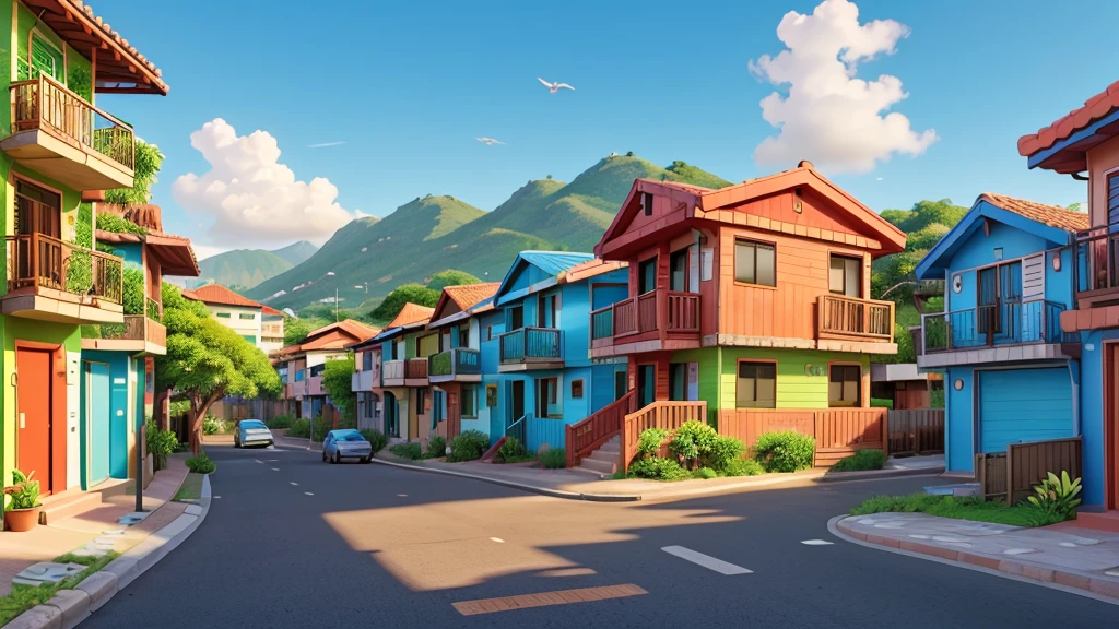 A vibrant image of a favela with colorful houses and authentic details. Add flowers of different colors and species along the streets and on the balconies of houses. Include leafy trees that stand out among buildings, bringing a touch of nature to the urban environment. The setting should showcase the beauty and resilience of the community, with vegetation adding life and color to the space. No cars on the street.