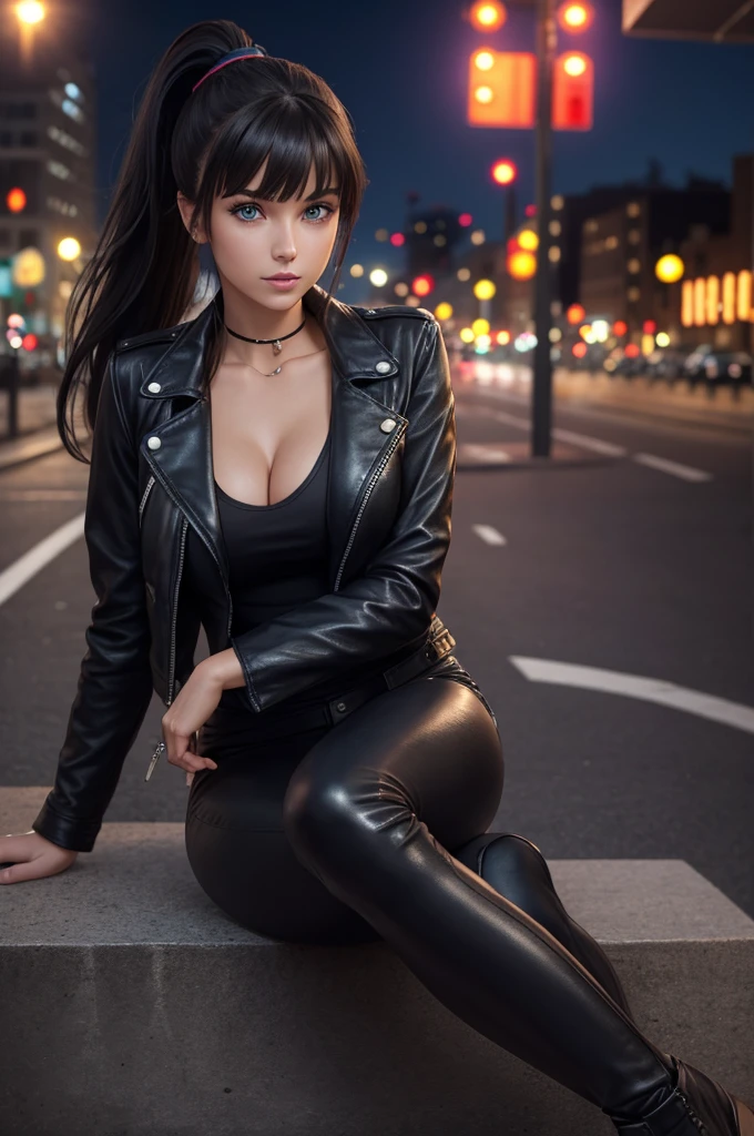 full body Realism, a 22 - year - old girl, dark hair, blue eyes a ponytail on her head, bangs falling on her face, beautiful hairstyle, light makeup, dressed in a leather jacket, tight leather pants, beautiful shoes on her feet, night city street in the background, high detail appearance, high detail hairstyle, high detail environment, high detail background, in the background is a modern city, the photo was taken with a photorealistic SLR camera, resolution full hd, 8K