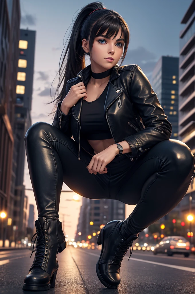 full body Realism, a 22 - year - old girl, dark hair, blue eyes a ponytail on her head, bangs falling on her face, beautiful hairstyle, light makeup, dressed in a leather jacket, tight leather pants, beautiful shoes on her feet, night city street in the background, high detail appearance, high detail hairstyle, high detail environment, high detail background, in the background is a modern city, the photo was taken with a photorealistic SLR camera, resolution full hd, 8K