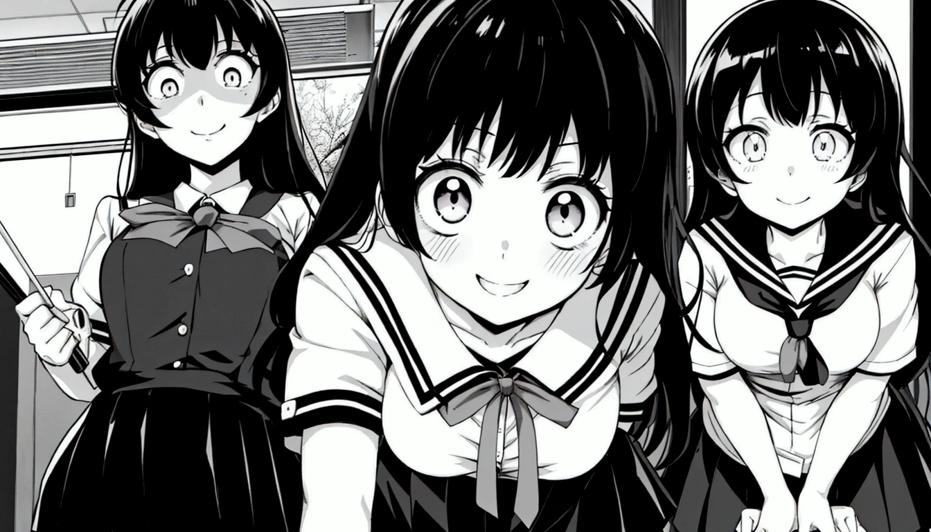 three anime girls in school uniforms stand in a line, horror manga, black and white manga panel, black and white manga style, black and white manga, gapmoe yandere, black anime pupils in her eyes, screenshot from guro anime, large eyes and menacing smile, huge anime eyes, gapmoe yandere grimdark, tsurime eyes
