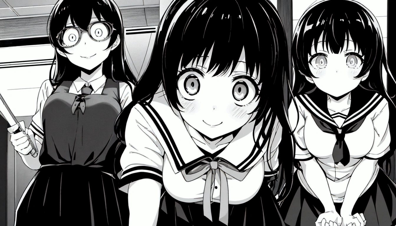 three anime girls in school uniforms stand in a line, horror manga, black and white manga panel, black and white manga style, black and white manga, gapmoe yandere, black anime pupils in her eyes, screenshot from guro anime, large eyes and menacing smile, huge anime eyes, gapmoe yandere grimdark, tsurime eyes