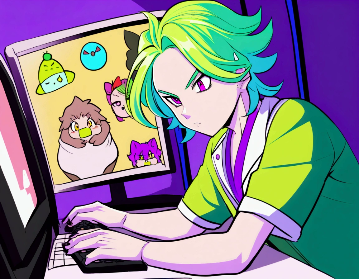 A boy with lime green hair and neon purple eyes ,studying English on the computer in Akira Toryama style in electric blue colors, Green Lemon, lemon yellow and neon purple. Akira Toryama style
