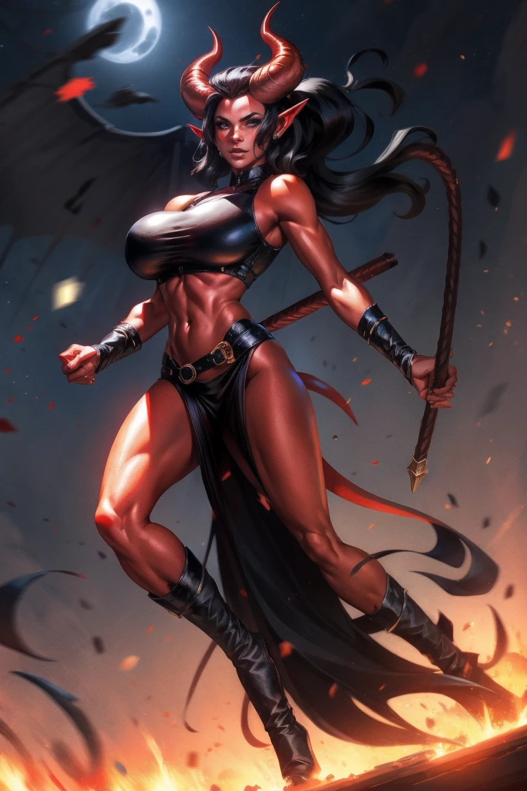 Red skin succubus tiefling, medium breasts, black horns, wings, huge tail, black leather, crop top, long flowing pelvic curtain, tall, athletic, graceful, thin, long black ponytail. Action scene, whip. Dark scene, explosions, night sky.