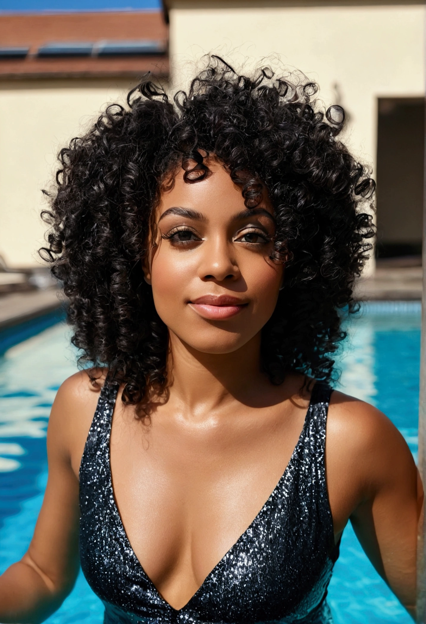 beautiful black woman black curly hair shining. 30 year old woman face. role model. full body elegant pose.beautiful black woman black curly hair shining. 30 year old woman face. role model. diving into a pool