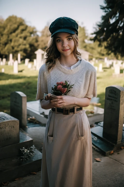 Young beautiful girl, Emma Myers, American, SOFT SMILING FACE, HAVE A BROWN HAIR, wears a old work cap, wears old-fashioned clothes, 19th century, poverty-stricken clothes, old torn clothes, 19th century period clothing, holding a bouquet, standing before her grandparents' tombstones, cemetery background, dark cities background, night time, midnight background.