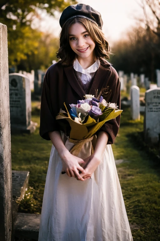 Young beautiful girl, Emma Myers, American, SOFT SMILING FACE, HAVE A BROWN HAIR, wears a old work cap, wears old-fashioned clothes, 19th century, poverty-stricken clothes, old torn clothes, 19th century period clothing, holding a bouquet, standing before her grandparents' tombstones, cemetery background, dark cities background, night time, midnight background.