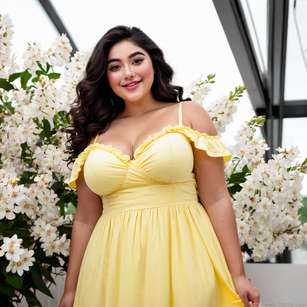 black hair, length below the shoulders, with curls, girl, marked clavicle, chubby girl, Brown eyes, cachetona, splash nose,almond eyes, long eyelashes, thick fleshy and pink lips, big breasts, yellow dress with white flowers and a tender smile With light freckles