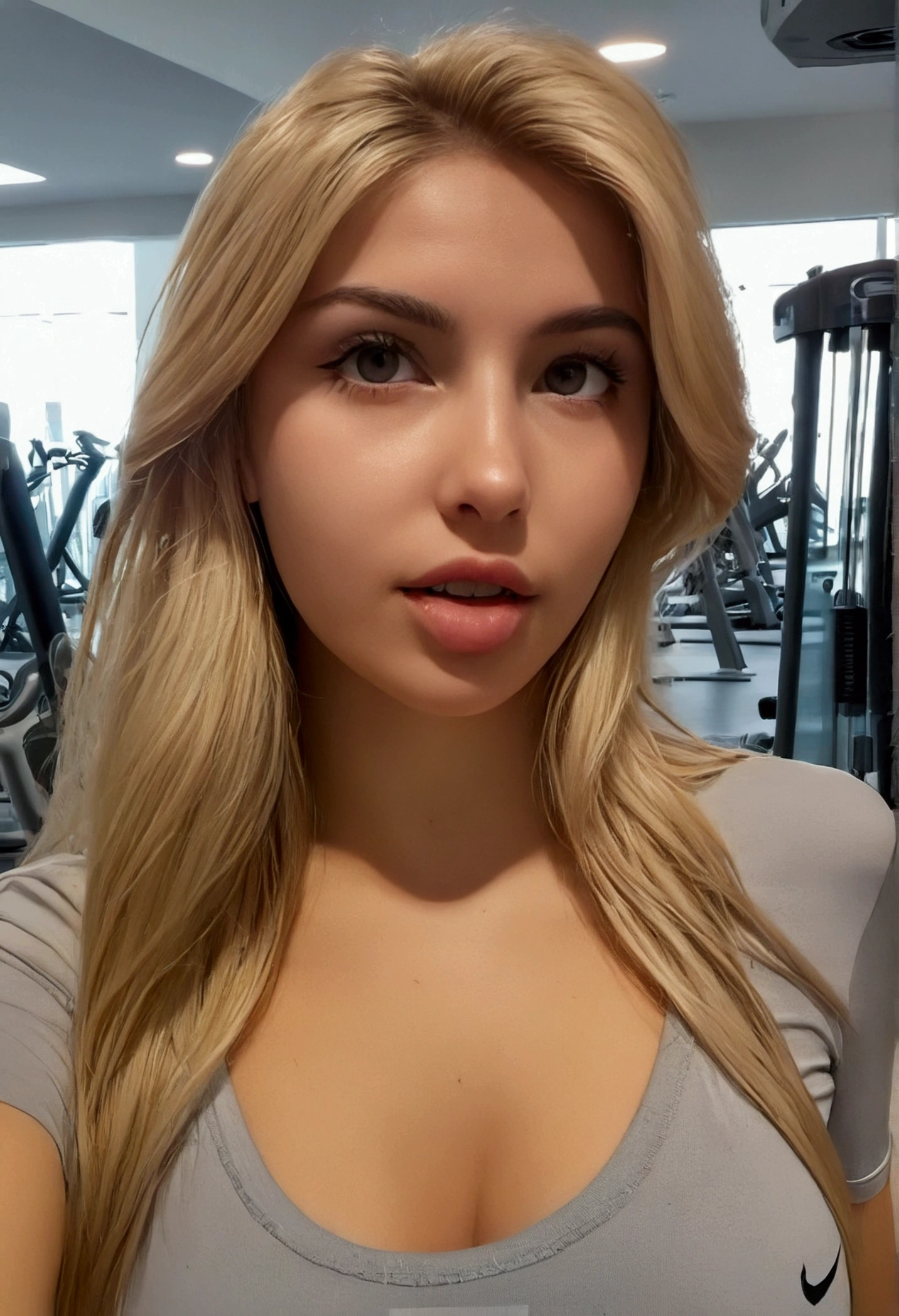 A 23-year-old blonde woman, ((pechos grandes)), ((hiperrealismo)) ,. blonde hair with light brown roots. cabello rubio, Hair with brown roots, cabello extra largo, cabello muy largo, really long hair, Beautiful, Front view, selfie, photo taken with iPhone, gymshark shirt, selfie at the gym , high quality, selfie iPhone, cleavage
