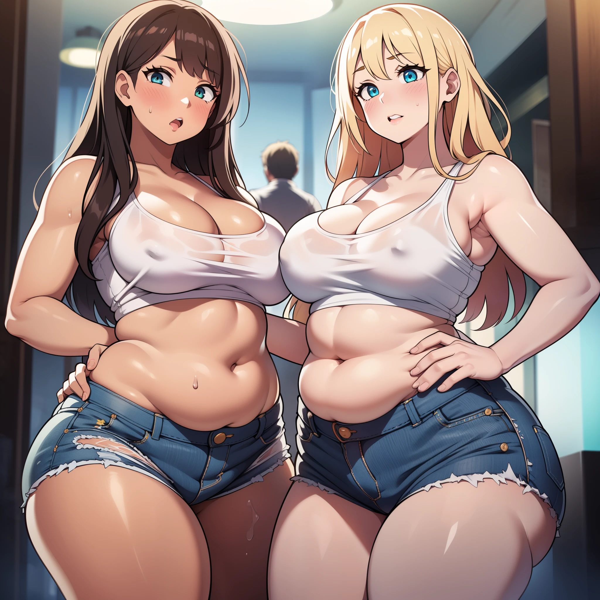 ((highres)), Masterpiece, high quality, best quality, beautiful, perfect lighting, detailed face, ultra cute face, ((2girls)), (blush), sexually suggestive, one girl has blonde hair, blue eyes, crop top and shorts, one girl has brown hair, green eyes, jeans, white shirt, fast food restaurant, cleavage, medium breasts, ((wide hips)), (thick thighs), ((chubby)), chubby belly, belly grab, fat folds, standing next to each other,