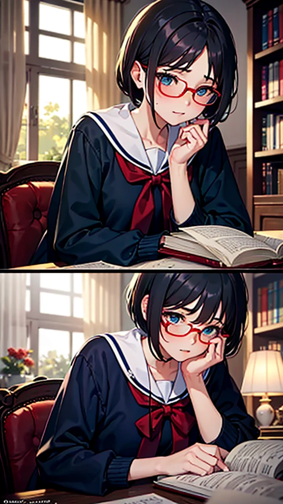 (masterpiece), (best quality), ((very detailed)), (very delicate), (A young girl),, ash short hair. Soft, shiny hair. Clear cyan droopy eyes, long bangs covering her eyes. Wears glasses to avoid eye contact., Neat sailor uniform with a luxurious red ribbon at the neck, Luxurious room with bookshelves and fancy furniture. Often reading books,Shy, always looking down, lacking confidence, on the verge of tears