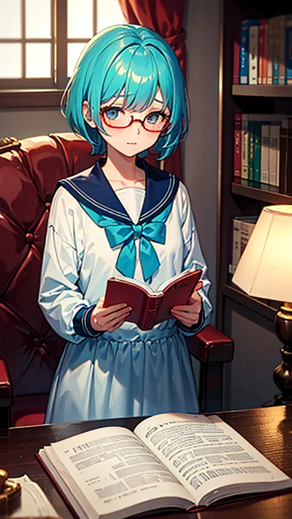 (masterpiece), (best quality), ((very detailed)), (very delicate), (A young girl),10-year-old girl, ash short hair. Soft, shiny hair. Clear cyan droopy eyes, long bangs covering her eyes. Wears glasses to avoid eye contact., Neat sailor uniform with a luxurious red ribbon at the neck, Luxurious room with bookshelves and fancy furniture. Often reading books,Shy, always looking down, lacking confidence, on the verge of tears