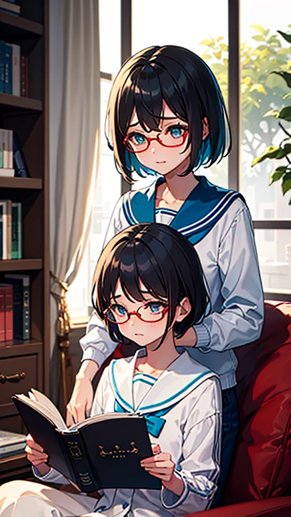 (masterpiece), (best quality), ((very detailed)), (very delicate), (A young girl),10-year-old girl, ash short hair. Soft, shiny hair. Clear cyan droopy eyes, long bangs covering her eyes. Wears glasses to avoid eye contact., Neat sailor uniform with a luxurious red ribbon at the neck, Luxurious room with bookshelves and fancy furniture. Often reading books,Shy, always looking down, lacking confidence, on the verge of tears