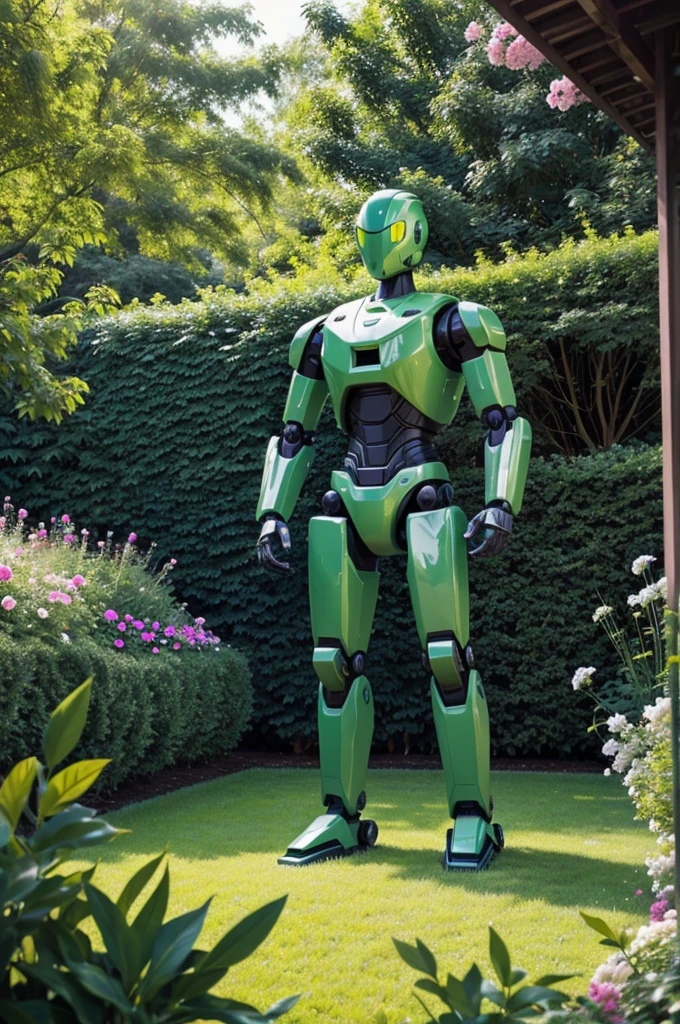 I want image robot in green garden surrounded with trees and flowers