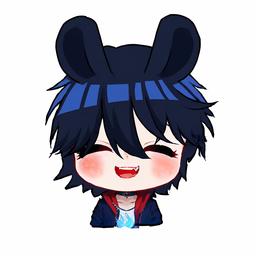 cartoon image of a boy with a blue hair and a black jacket, akane owari danganronpa, chibi, maplestory mouse, [[[[grinning evily]]]], inspired by Okumura Masanobu, cute character, hiro, handsome japanese demon boy, anime moe artstyle, mika kurai demon , 1girl, japanese clothes, ponytail ,white hair, purple eyes, magic circle, blue fire, blue flames, wallpaper, landscape, blood, blood splatter, depth of field, night, light particles, light rays, sidelighting, thighs, fate \(series\), genshin impact, ****, open jacket, skirt, thighhighs, cloud