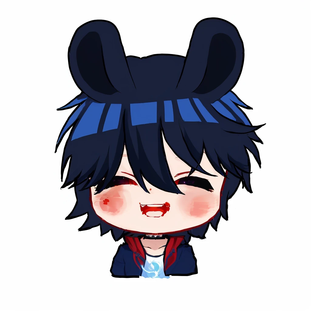 cartoon image of a boy with a blue hair and a black jacket, akane owari danganronpa, chibi, maplestory mouse, [[[[grinning evily]]]], inspired by Okumura Masanobu, cute character, hiro, handsome japanese demon boy, anime moe artstyle, mika kurai demon , 1girl, japanese clothes, ponytail ,white hair, purple eyes, magic circle, blue fire, blue flames, wallpaper, landscape, blood, blood splatter, depth of field, night, light particles, light rays, sidelighting, thighs, fate \(series\), genshin impact, ****, open jacket, skirt, thighhighs, cloud