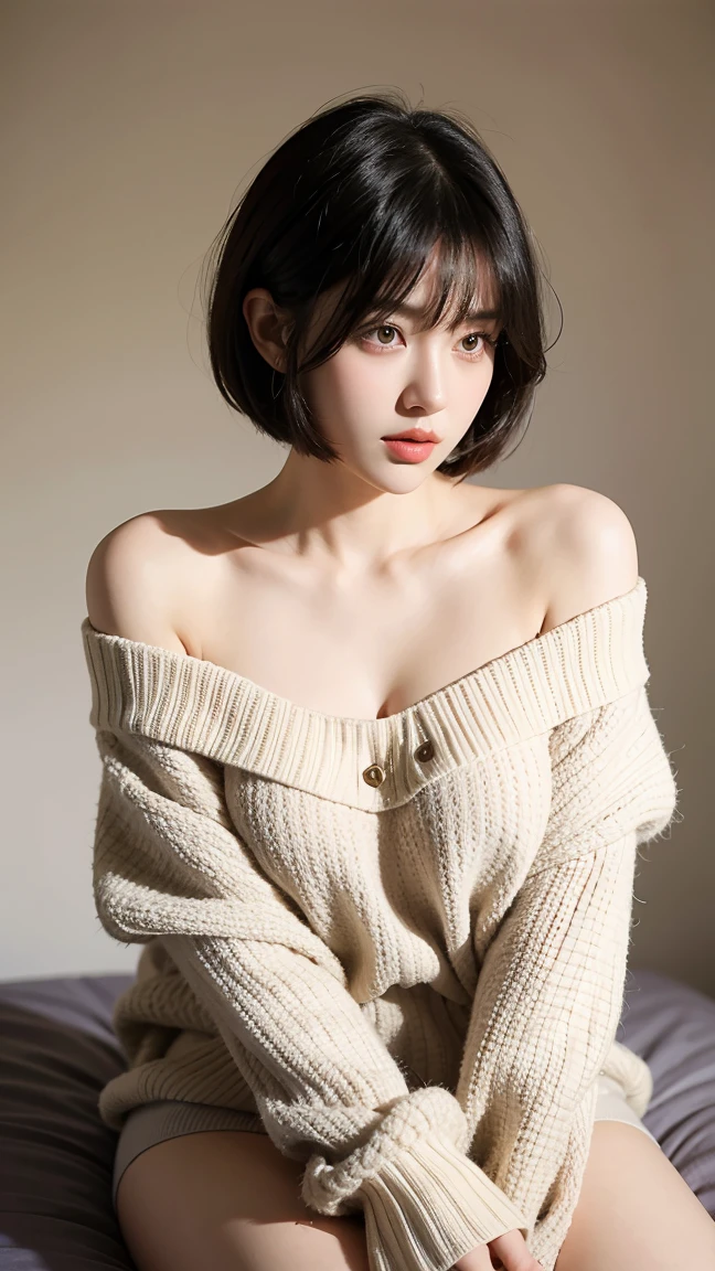 2girl,young and cute,black hair with air bangs,(short cutwolf hairstyle),oversize sweater, off-shoulders, show cleavage, studio light, soothing tones, muted colors, high contrast, (natural skin texture, hyperrealism, soft light, sharp), gradient pastel colour background,. ((Show big thigh, plump body)),sitting on bed,masterpiece, ((large breasts)) (realistic skin detail) , golden ratio,