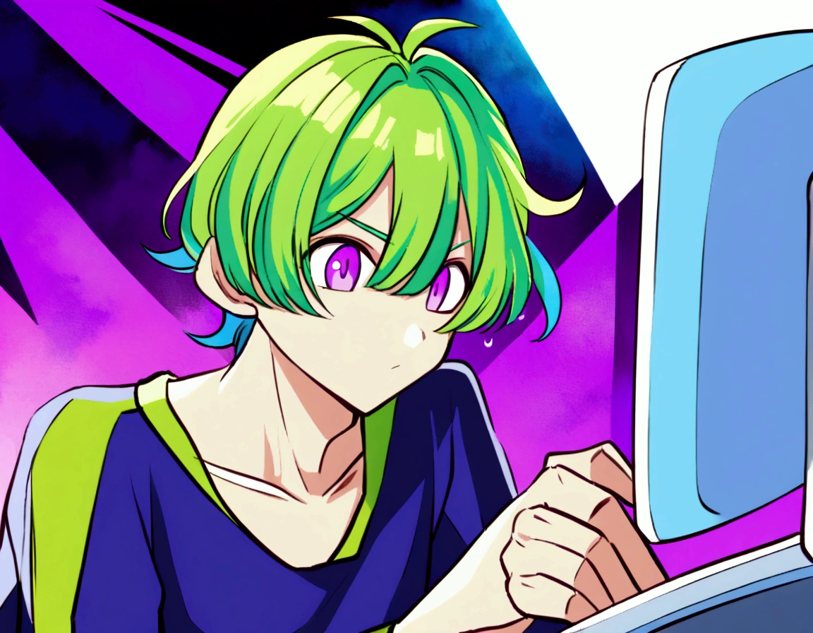 A boy with lime green hair and neon purple eyes ,studying English on the computer and thinking in the Akira Toryama style in electric blue colors, Green Lemon, lemon yellow and neon purple. Akira Toryama style