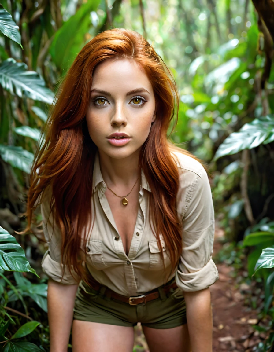 ultra realistic, photography, long red hair, girl, 24 years old, hazel eyes, hourglass figure, perfect body, Flirty look, beautiful detailed woman, intricate and detailed face, long lush hair, soft lighting, photorealistic, high quality, cinematic, dramatic, warm color tones, facing the camera, lens 35 mm, blur background, in the jungle, she is wearing a damaged beige tight buttoned shirt, and olive shorts and brown hiking shoes, full body picture, the camera is zoomed out, we see her full body, she is making her way through the jungle, the camera is on the ground taking a picture from a low angle, low angle