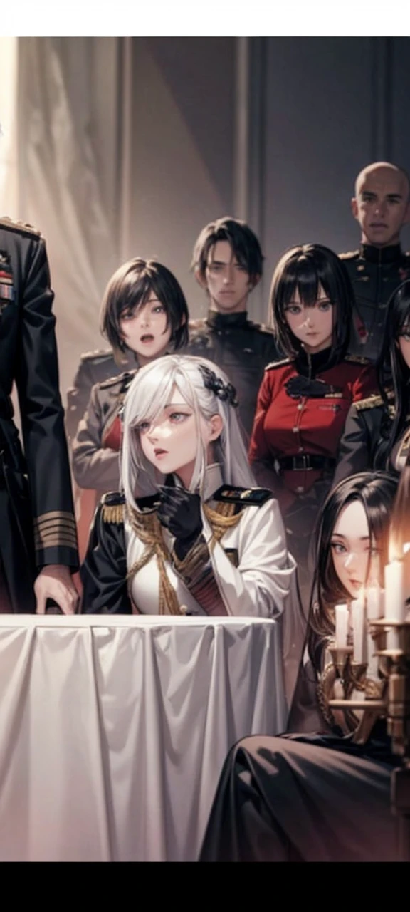 A female general with white themed military outfit with white hair.... Making her speech
